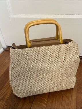 Vintage Fossil Woven Straw Raffia Handbag with Bamboo Wood Handles